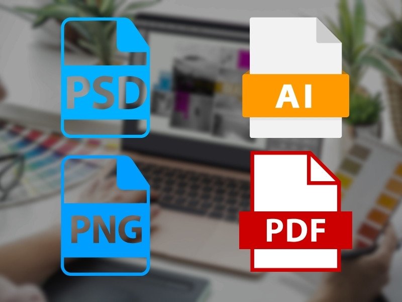 Four file format icons—PSD, PNG, AI, and PDF—overlaid on an image of a person working on a design on a laptop, indicating the supported file formats for design submissions.