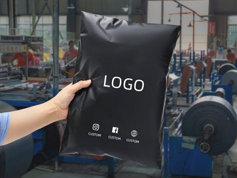 Hand holding a black poly mailer with the word 'LOGO' and various social media icons for customization, with a factory production line in the background.