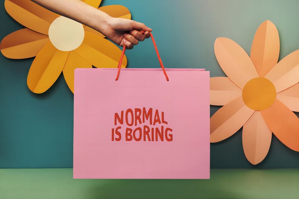 A pink custom printed paper bag with red handles and the text "Normal is Boring," displayed against a colorful background with large flower cutouts.